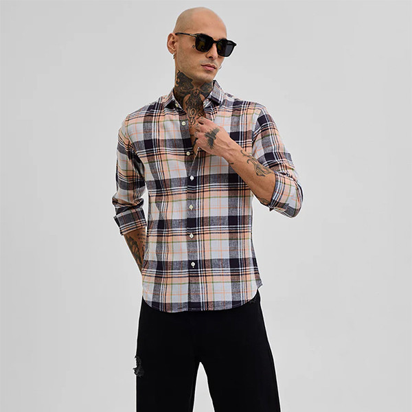 Peach Checks Linen Blend Shirt