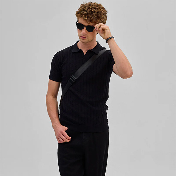 Black Knitted Polo T-Shirt